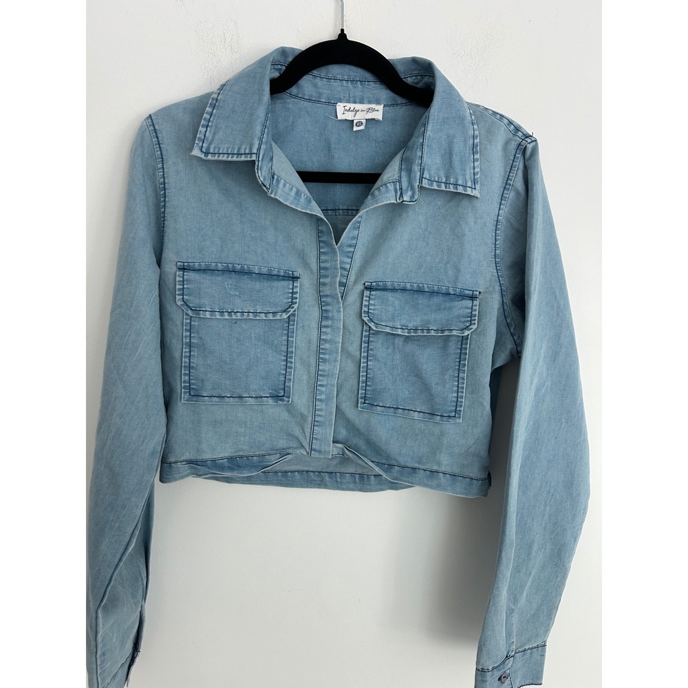 Indulge in Blue Womens Light Wash Cropped‎ Denim Jacket Side Zip Blue XL